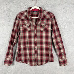 KUHL Sheridan Snap Button Plaid Flannel Womens Size M Red Pockets Long Sleeve